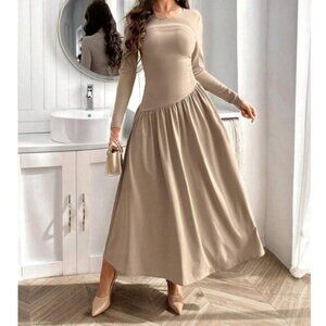 Flounce Hem Long Sleeve Dress Beige Brown